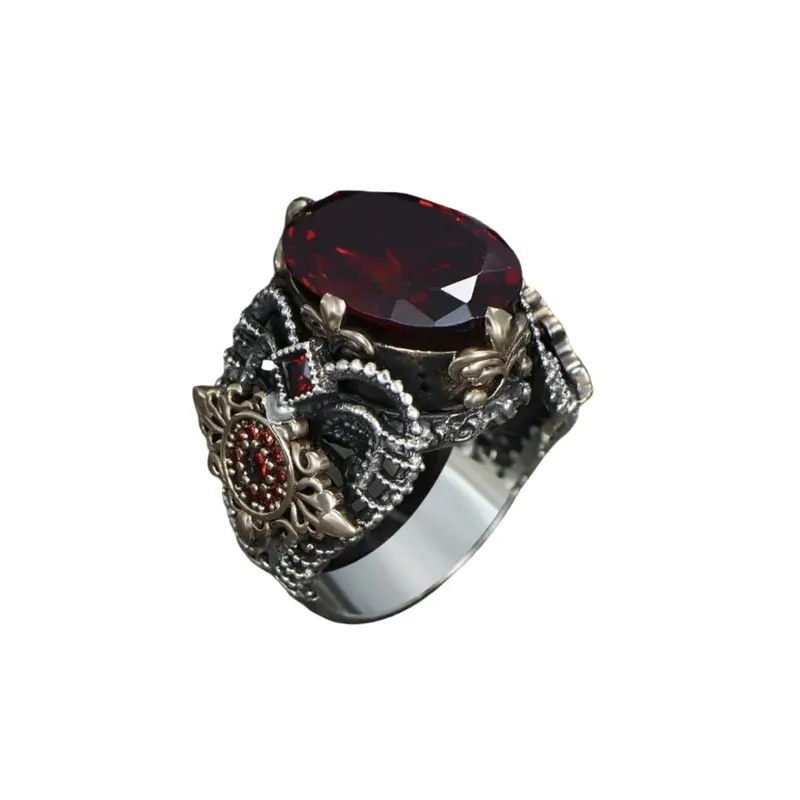 Exquisite Men's 925 Sterling Silver Ring | Handcrafted with Dazzling Red Zircon Stone