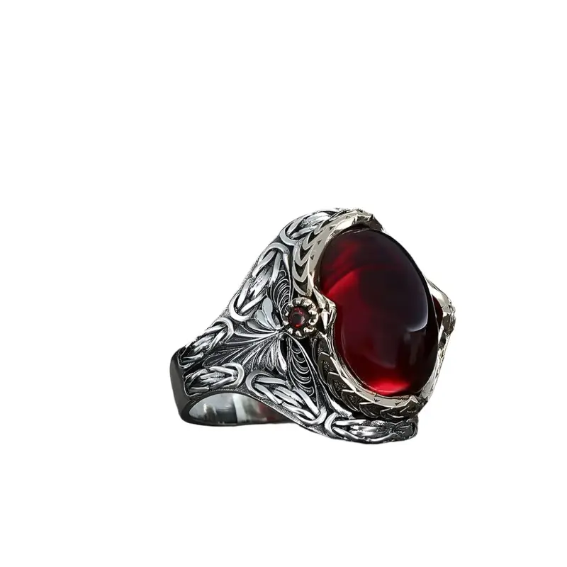 Handcrafted Men's 925 Sterling Silver King Chain Ring | Red Zircon Stone Statement Jewelry