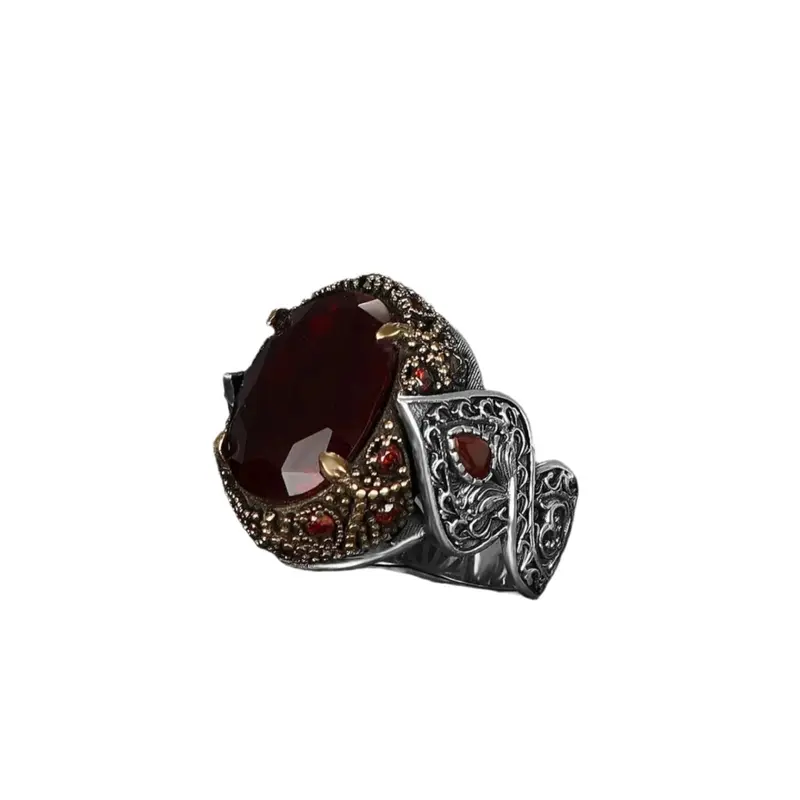 Men's 925 Sterling Silver Ring | Striking Red Zircon Stone | Elegant Handcrafted Jewelry Gift for Him