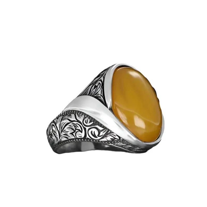 Men's 925 Sterling Silver Ring with Natural Agate Stone - Handcrafted Statement Jewelry for Him