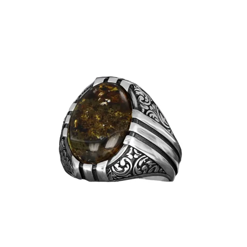 Men's Handcrafted 925 Sterling Silver Ring with Unique Fossil Drop Amber | Ottoman Heritage Jewelry Gift