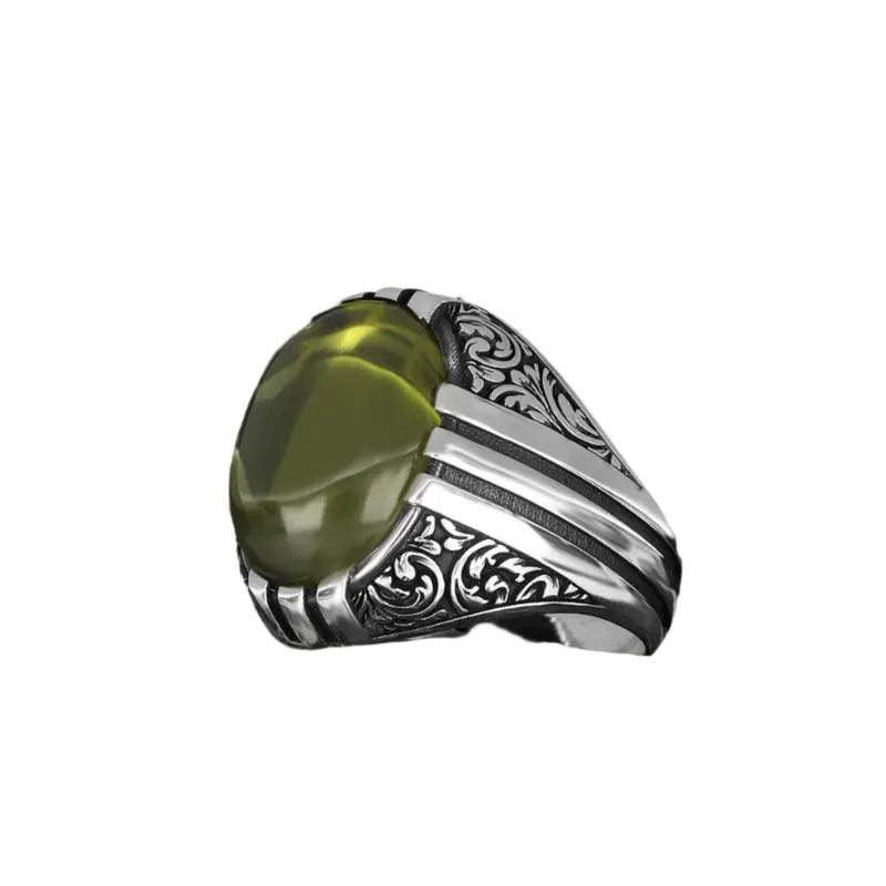 Men's Sterling Silver Peridot Gemstone Ring | Handcrafted Patterned Design for Him | Gift Boxed