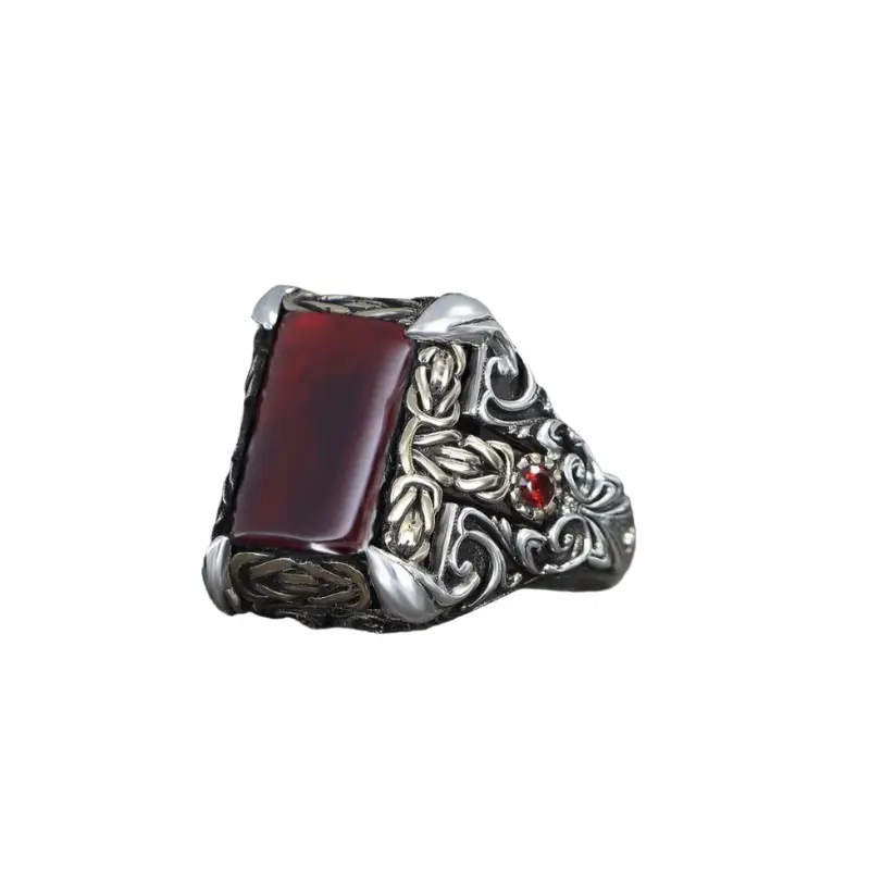 Men's Sterling Silver Red Agate Statement Ring | Handcrafted Patterned Design
