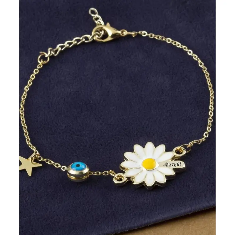 Personalized Gold Plated Sterling Silver Evil Eye Daisy Bracelet | Protection & Style