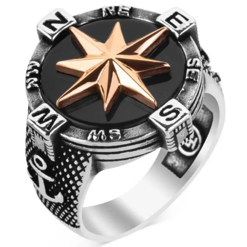 Premium 925 Sterling Silver Compass Ring with Black Onyx Stone | Unisex Symbolic Jewelry