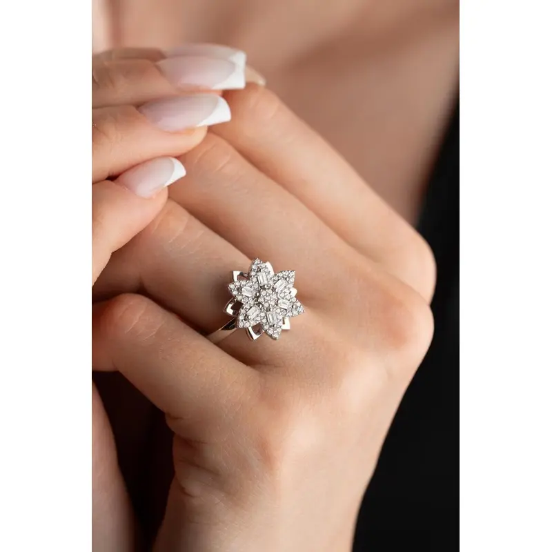 Premium 925 Sterling Silver Rotating 6-Petal Flower Adjustable Ring with Baguette Zircon