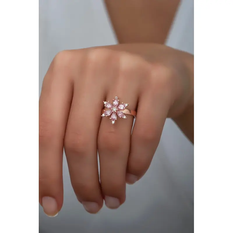 Sterling Silver Rose Gold Plated Pink Zircon Flower Ring - Adjustable Fit
