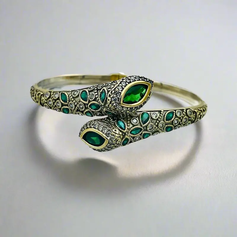 Exquisite Handmade Ottoman Silver Emerald Bracelet | Gold Plated with Ruby Accents | Turkish Jewelry