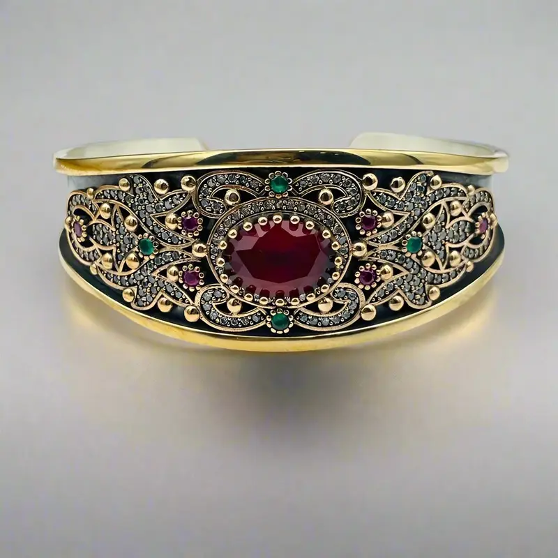 Exquisite Handmade Turkish Ottoman Silver Ruby Cuff Bracelet - Adjustable Vintage Design