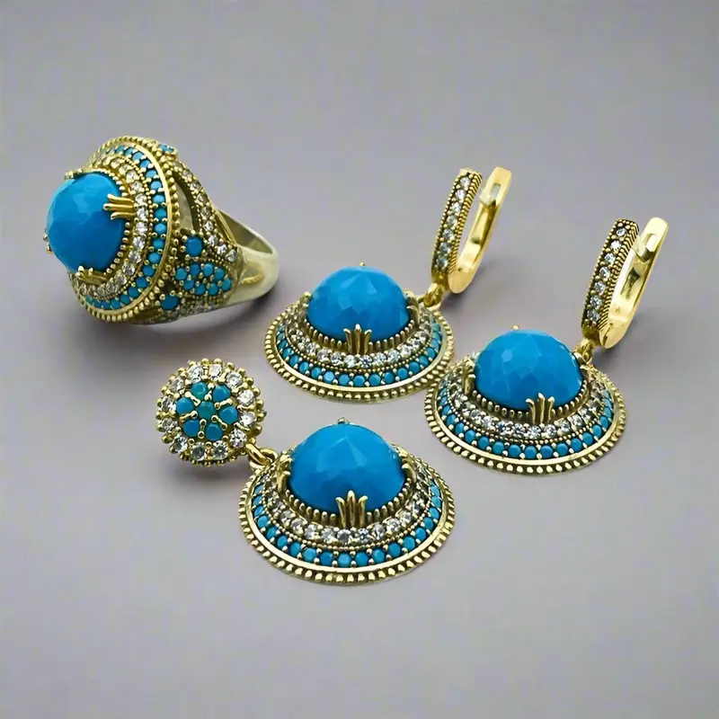Exquisite Ottoman Turquoise 925 Sterling Silver Jewelry Set | Handmade Necklace, Ring, Earrings | Authentic Turkish Craftsmanship