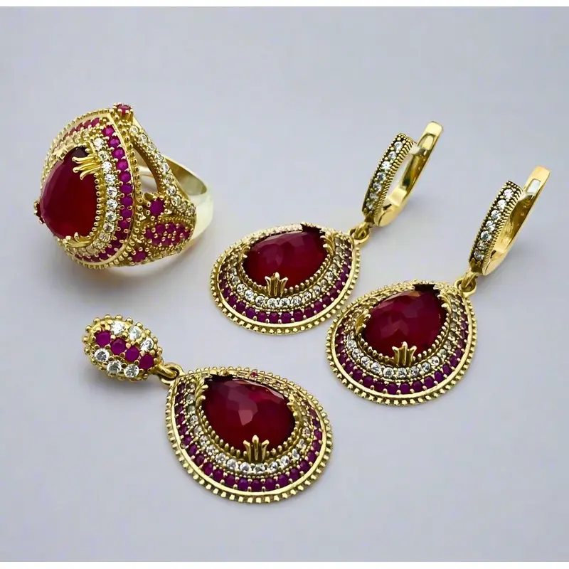 Exquisite Ruby Ottoman Silver Jewelry Set | Handmade Turkish Necklace, Ring & Earrings | Fine 925 Sterling Silver