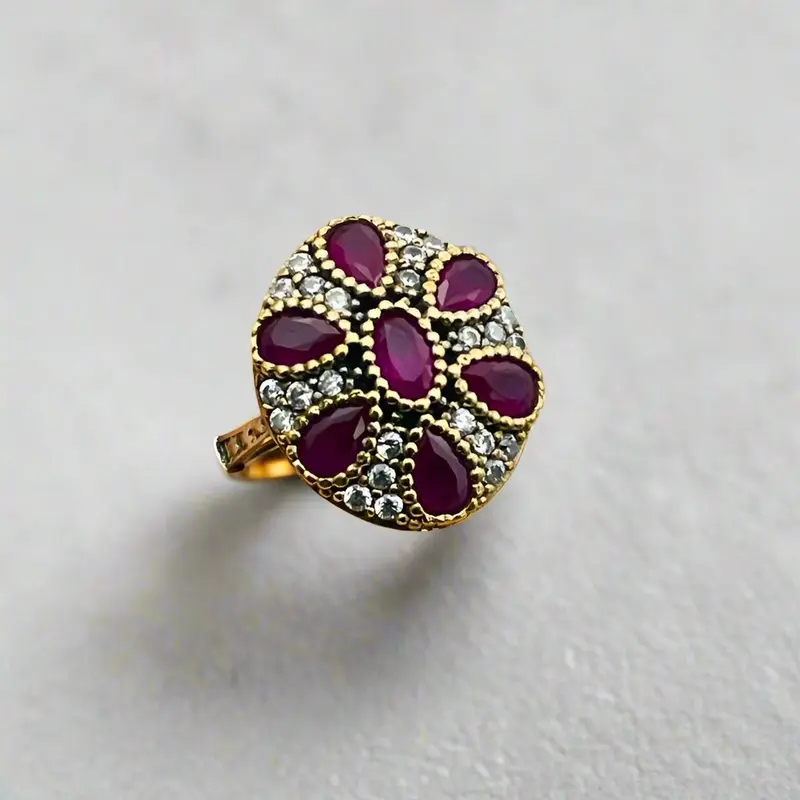 Exquisite Turkish Ottoman Ruby Ring  Handmade Sterling Silver Statement Jewelry for Women