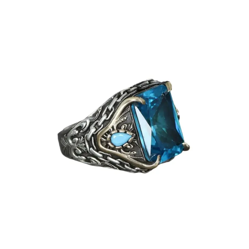 Handcrafted 925 Sterling Silver Men's Aqua Marin Stone Ring with Unique Chain Detail