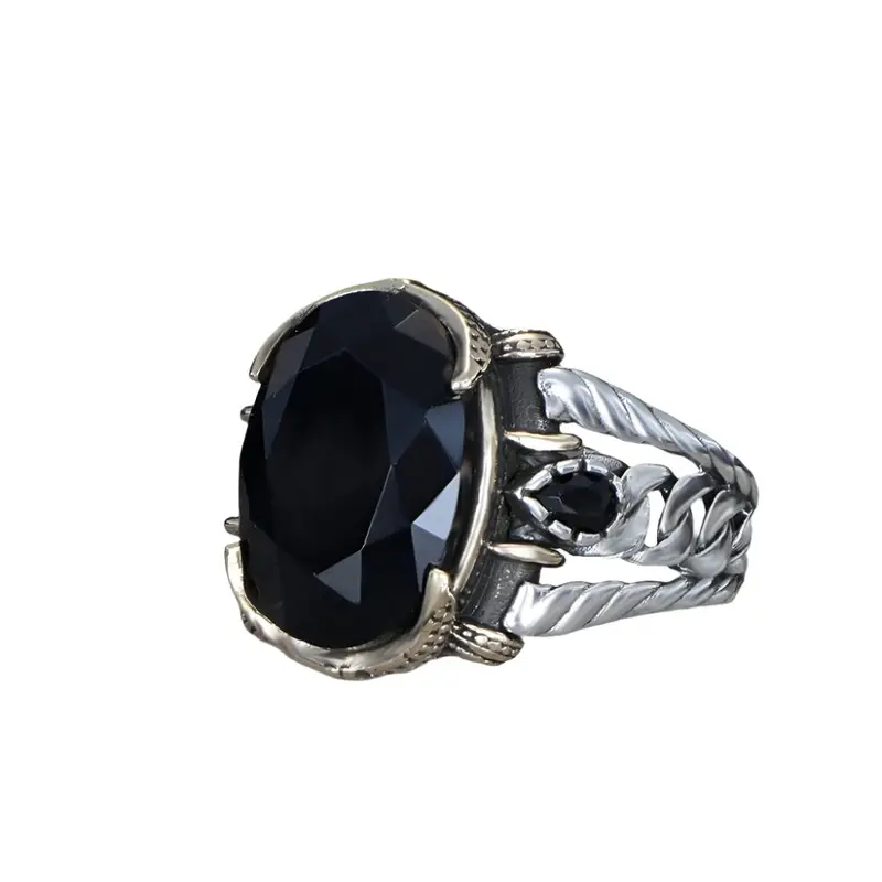 Handcrafted Men's 925 Sterling Silver Chain Design Ring with Zircon Stone