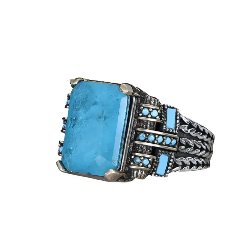 Handcrafted Men's 925 Sterling Silver Chain Ring with Blue Topaz Stone | Elegant Statement Jewelry for Him
