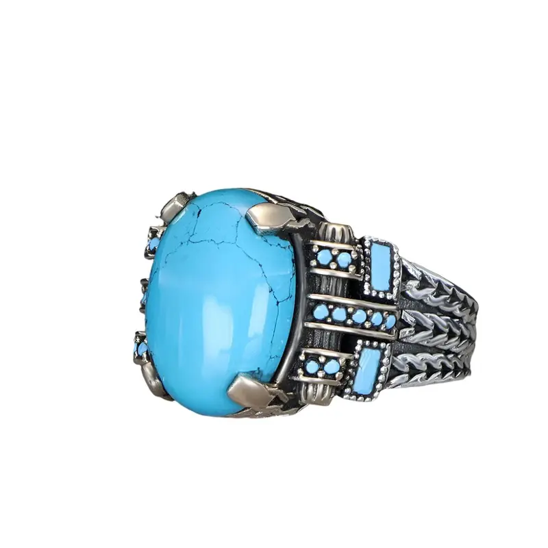 Handcrafted Men's Sterling Silver Chain Series Ring with Genuine Turquoise Stone
