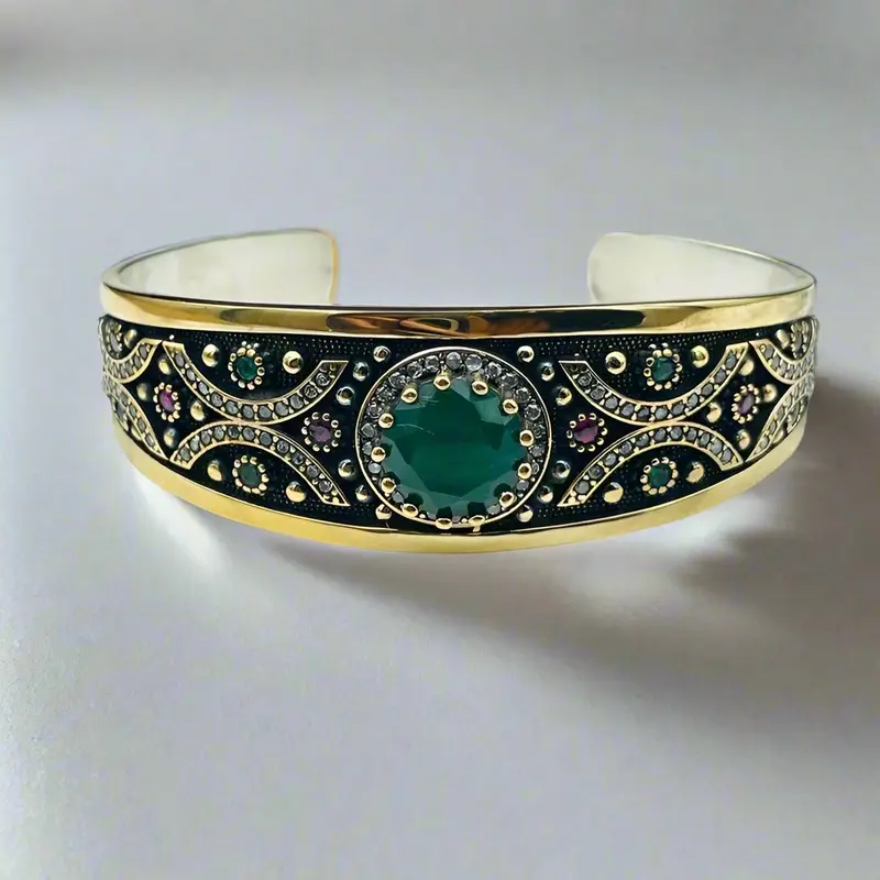 Handcrafted Ottoman Silver Cuff Bracelet with Green Paraiba Stone - Adjustable Vintage Style
