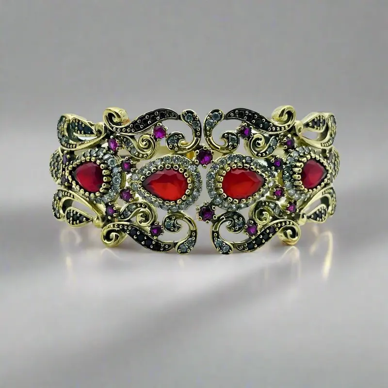 Handcrafted Vintage Ottoman Silver Ruby Cuff Bracelet | Authentic Istanbul Gemstone Jewelry