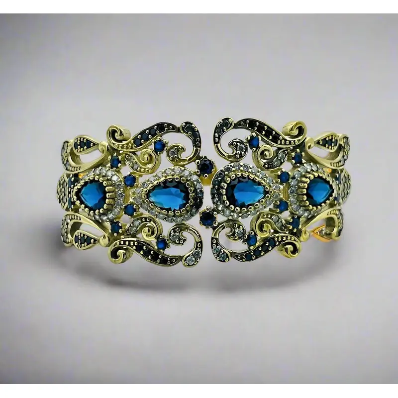 Handmade Turkish Ottoman Style Sapphire Silver Cuff Bracelet | Adjustable, Vintage Design