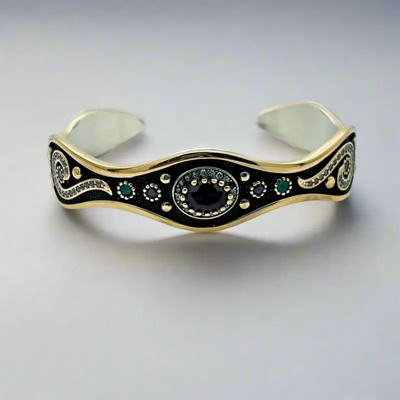 Handmade Turkish Silver Ottoman Cuff Bracelet with Ruby & Emerald - Adjustable Statement Jewelry