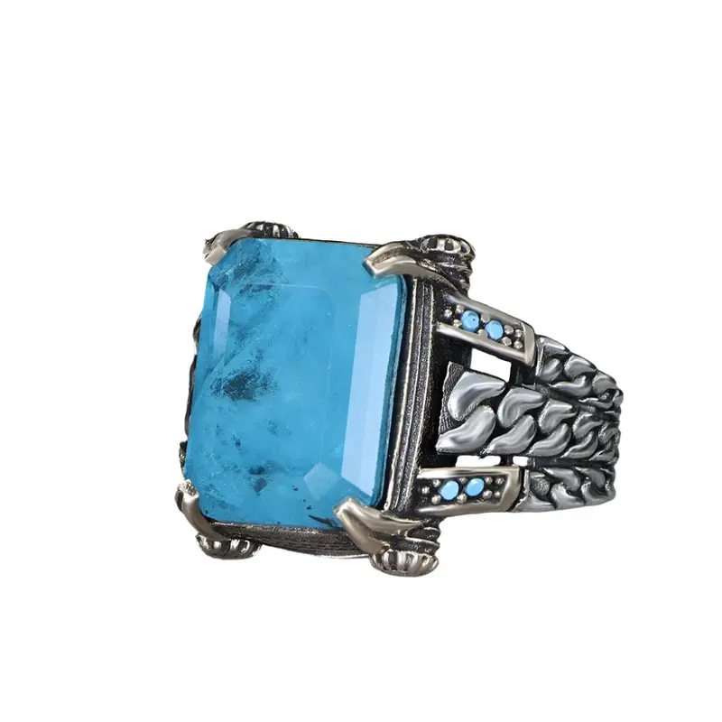 Luxury Men's 925 Sterling Silver Ring with Dazzling Paraiba Gemstone - Chain Series Design