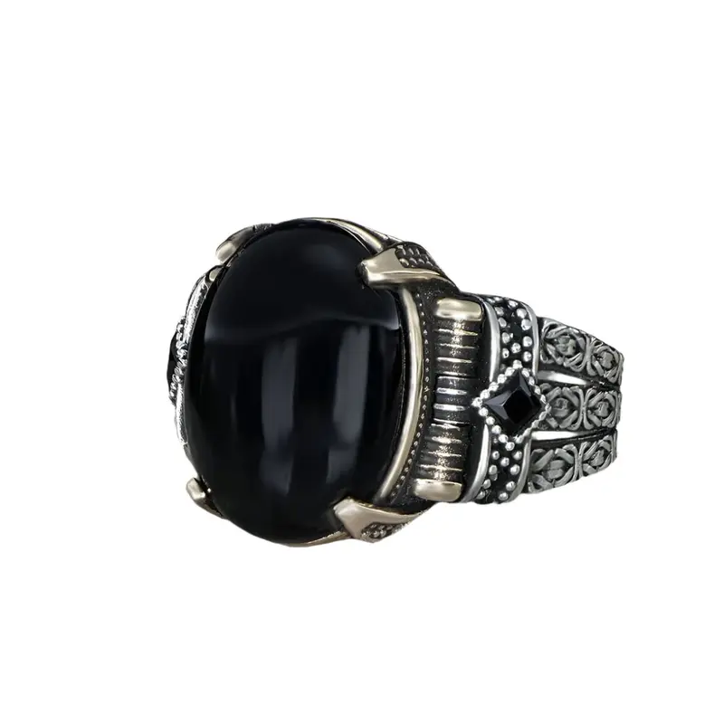 Men's 925 Sterling Silver Ring with Black Onyx Stone - Chain Series Design, Handcrafted