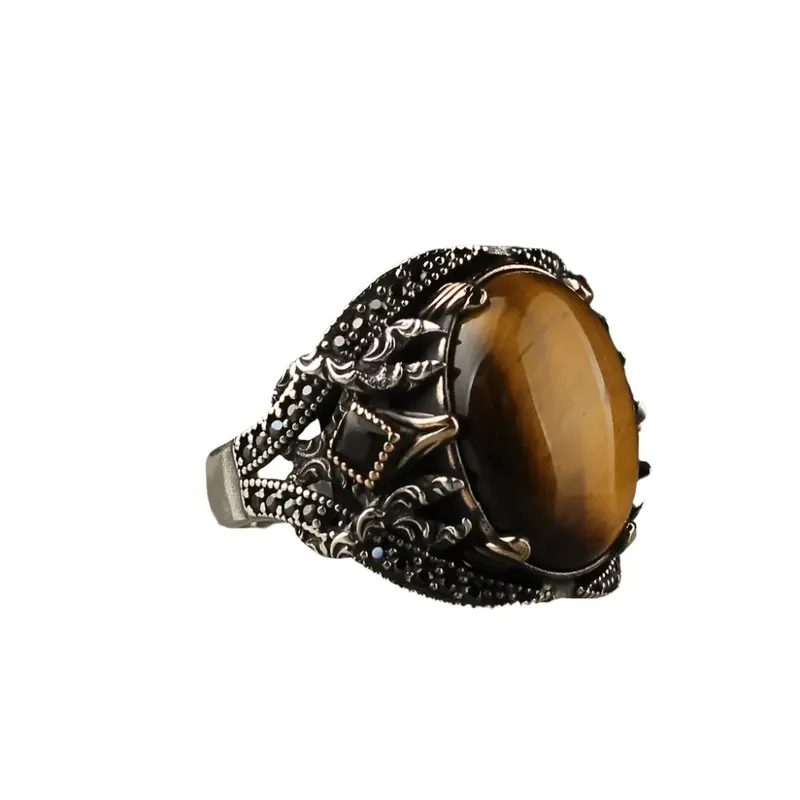 Men's 925 Sterling Silver Ring with Genuine Tiger's Eye Stone - Handcrafted Statement Jewelry Gift