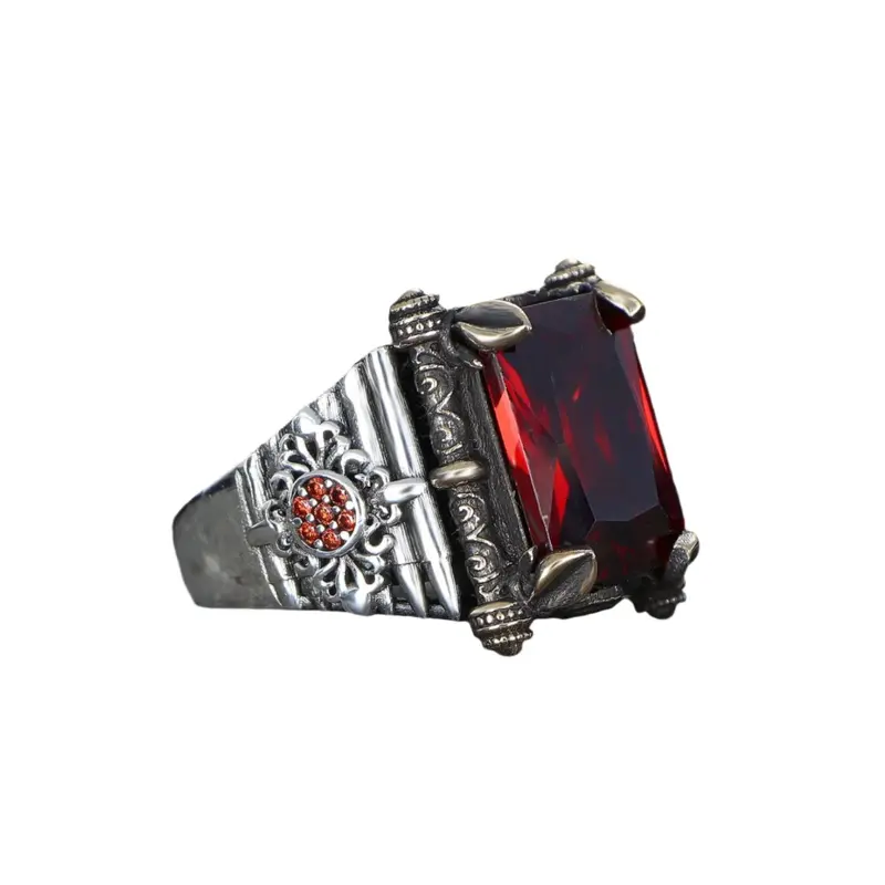 Men's Handcrafted 925 Sterling Silver Ring with Striking Red Zircon Stone