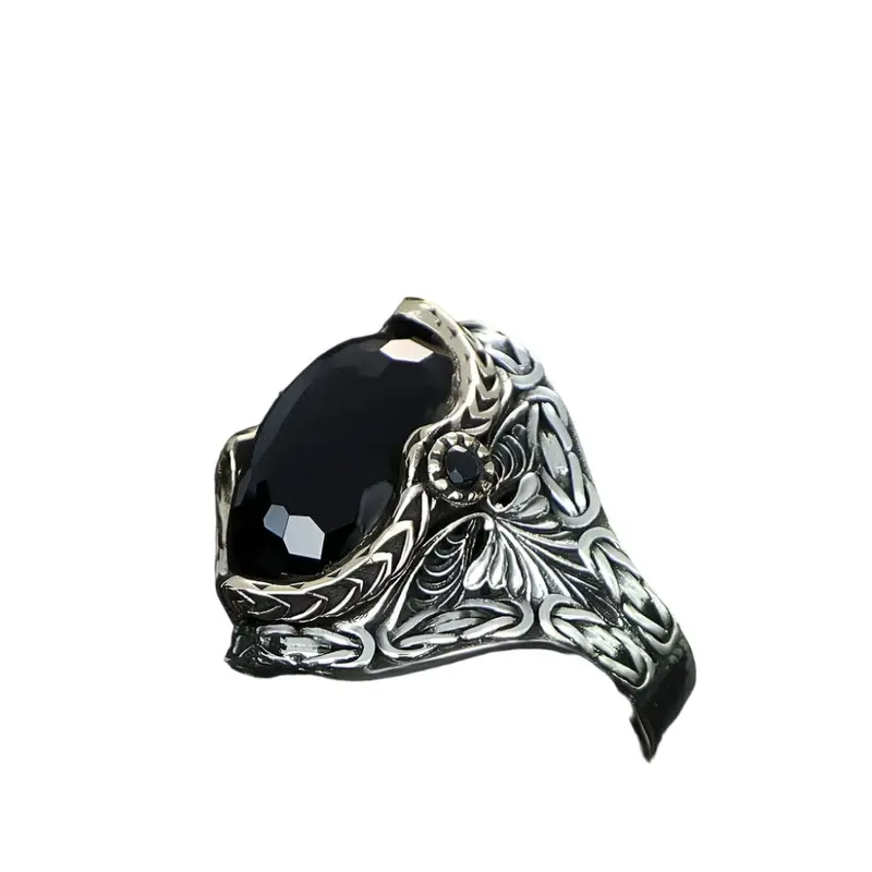 Men's Handcrafted King Chain Sterling Silver Ring with Zircon Stone - Luxury Statement Jewelry