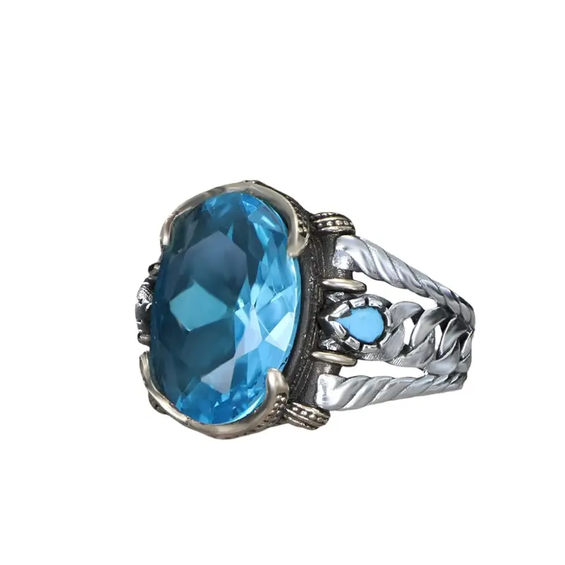 Men's Luxury Handcrafted .925 Sterling Silver Ring | Blue Topaz Gemstone | Chain Design