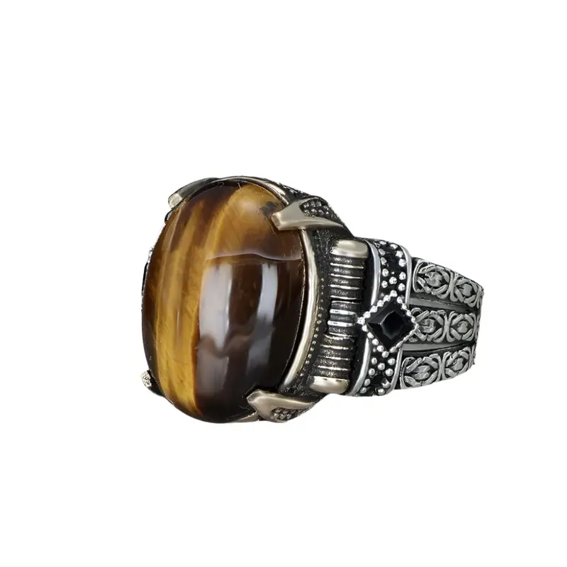 Men's Sterling Silver Chain Series Ring | Handcrafted with Natural Tiger's Eye Stone