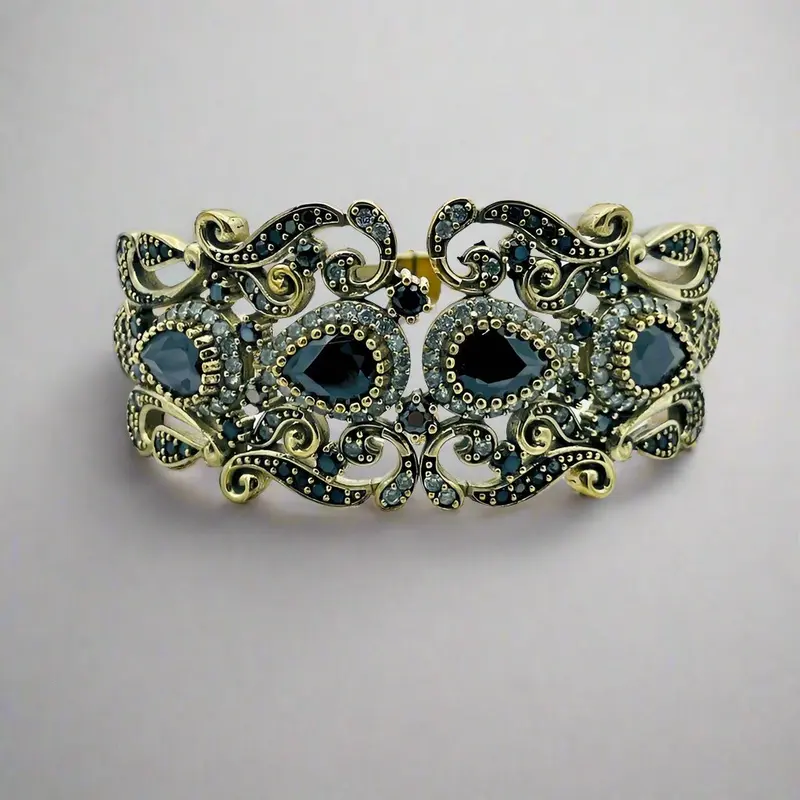 Onyx Gemstone Ottoman Style Silver Cuff Bracelet | Handmade Adjustable Turkish Vintage Jewelry