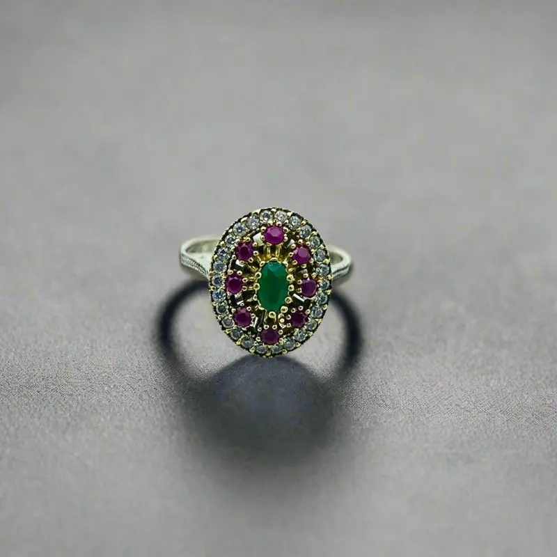 Exquisite Handmade Turkish Sterling Silver Emerald & Ruby Ottoman Style Women's Ring