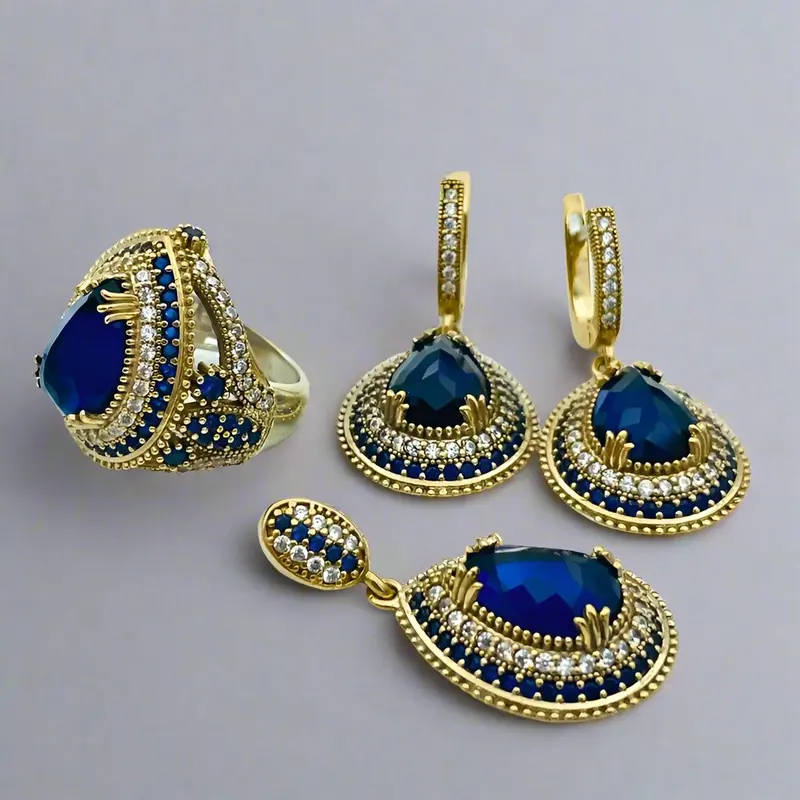Exquisite Ottoman Sapphire Jewelry Set | Handmade 925 Sterling Silver | Turkish Heritage Collection