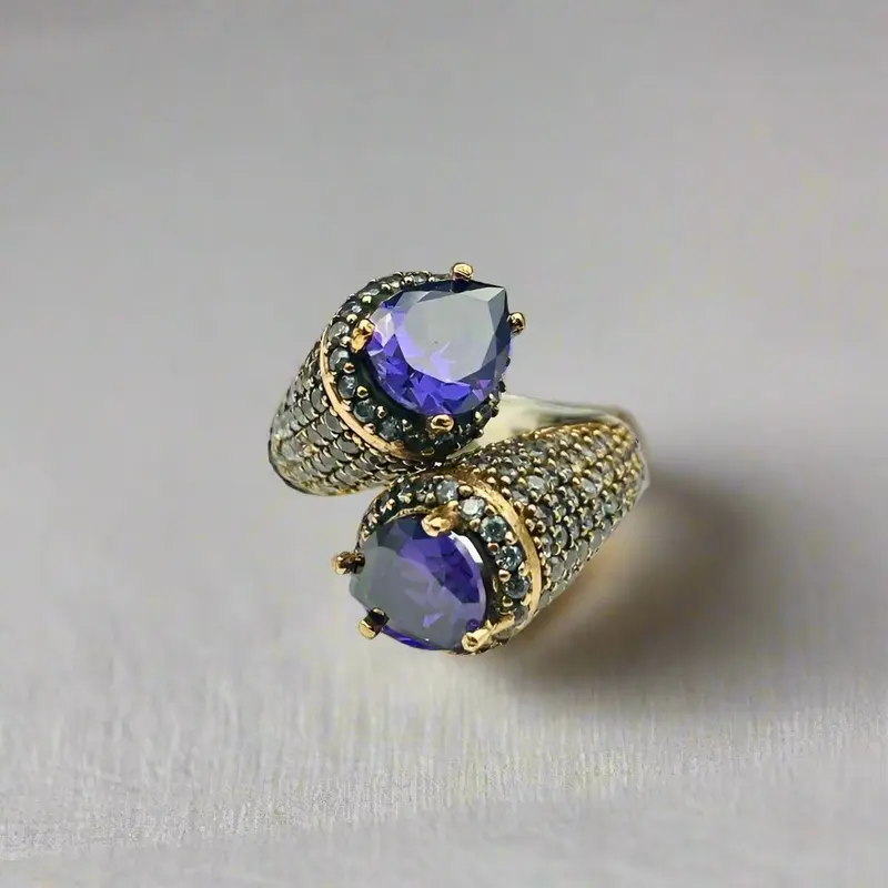 Exquisite Turkish Handmade 925K Sterling Silver Purple Amethyst Double Stone Ring