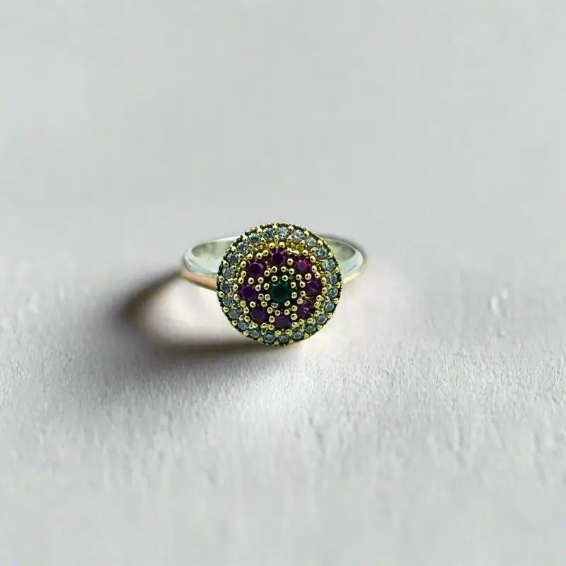 Exquisite Turkish Handmade Ottoman Silver Ring | Ruby & Emerald Gemstones | Unique Women's Statement Jewelry