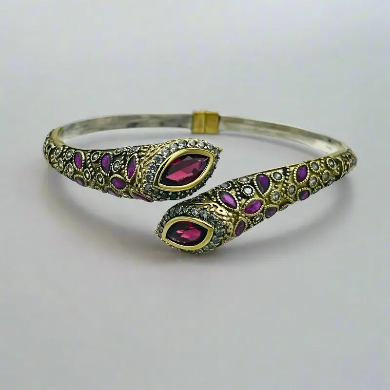 Handmade Ottoman Silver Ruby Bracelet | Turkish Vintage Artisan Jewelry for Women