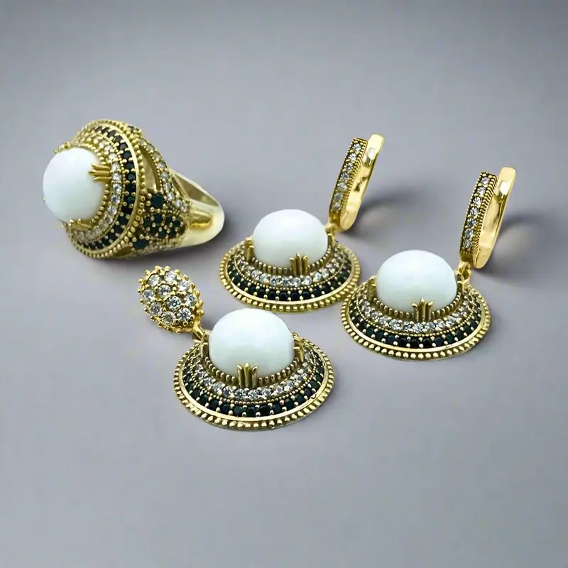 Handmade White Agate Ottoman Style 925 Sterling Silver Jewelry Set - Turkish Heirloom Necklace, Ring, Earrings & Bracelet