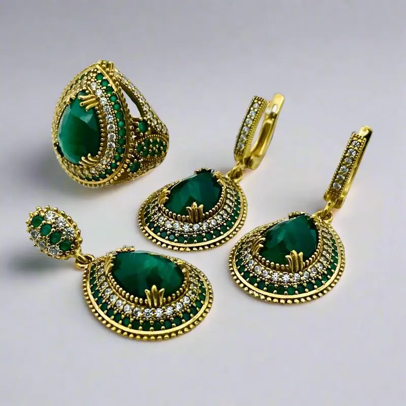 Luxury Turkish Ottoman Style Emerald Jewelry Set | Handmade 925 Sterling Silver Necklace, Ring, Earrings & Bracelet Gift