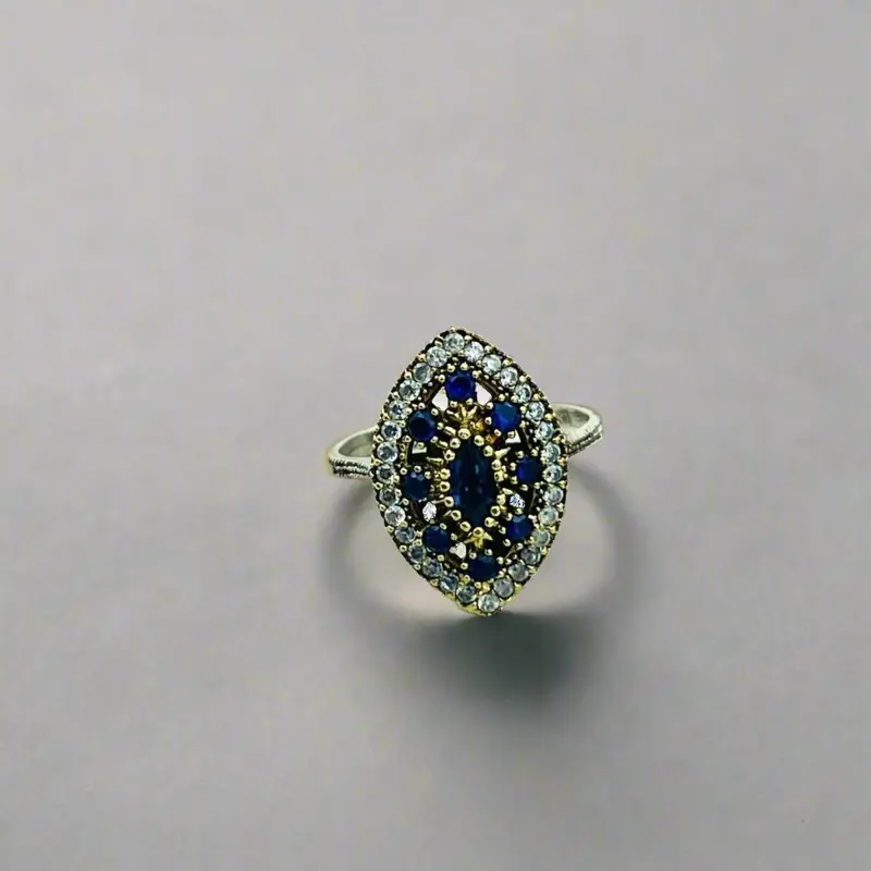 Turkish Handmade Marquise Sapphire Silver Ring - Ottoman Style Women's Jewelry