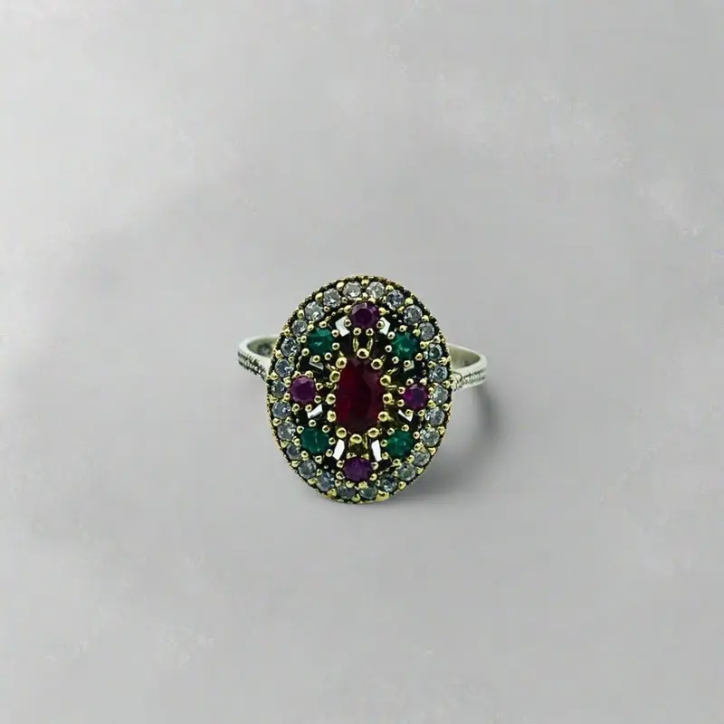 Turkish Handmade Sterling Silver Ruby & Emerald Ottoman Style Women's Ring