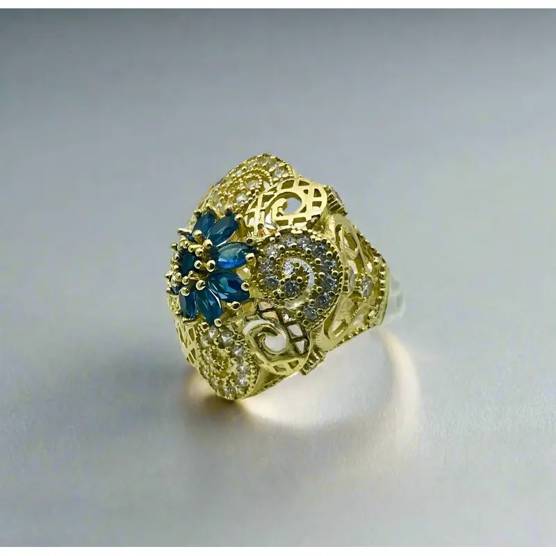 Vintage Handmade 925 Sterling Silver Sapphire & Zircon Filigree Floral Statement Ring for Women