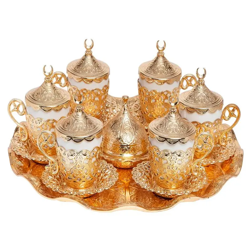 Acar | Gold Coffee Set of Six With Metal Tray And Candy Bown- Poppy Design
