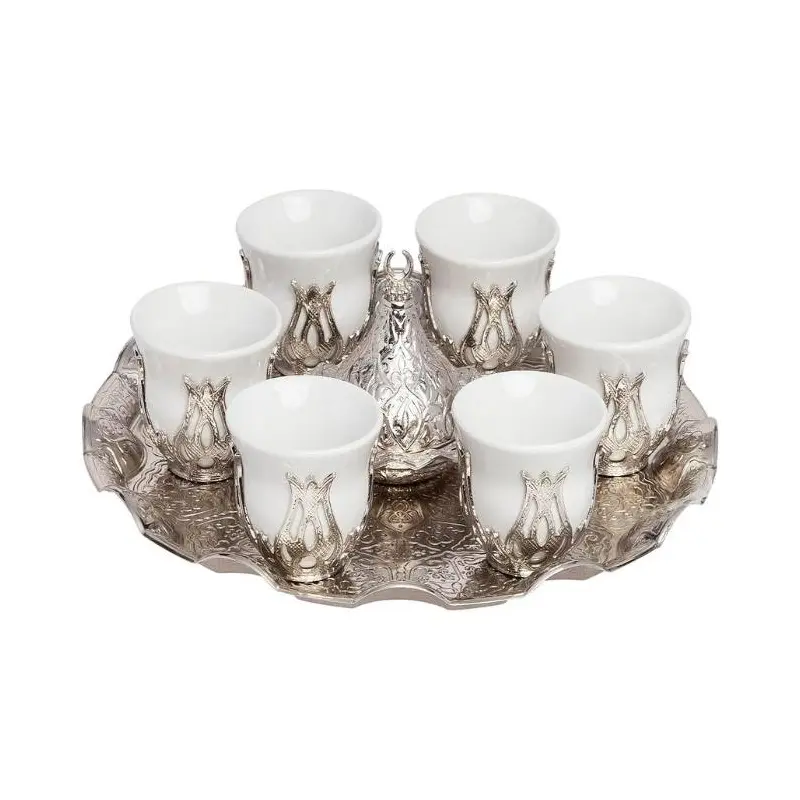 Acar | Mirra Arabic Coffee Set of Six  With Metal Tray And Candy Bowl - White