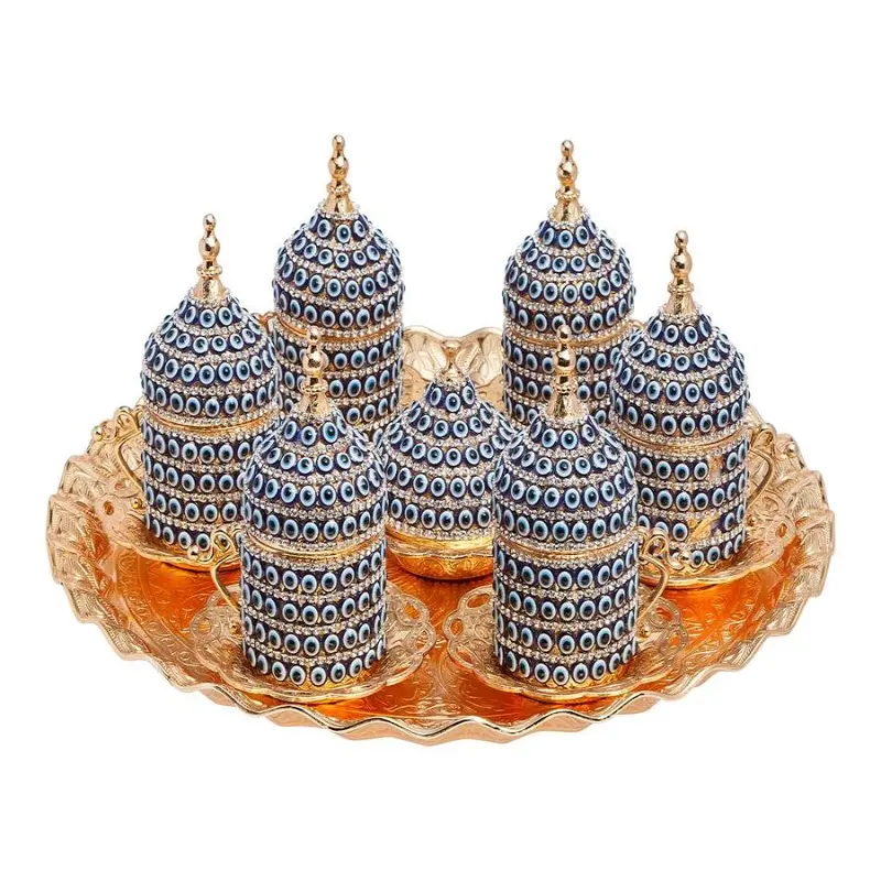 Acar | Nazar Beaded Turkish Tea Set of Six With Metal Tray And Candy Bowl  - Gold