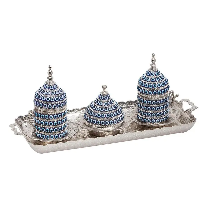 Acar | Nazar Beaded Turkish  Tea Set of Two With Metal Tray  - Gold