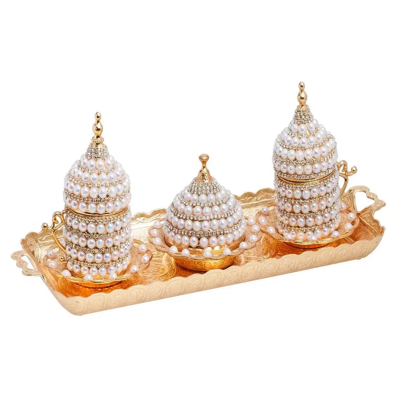 Acar | Nazar Beaded Turkish Tea Set of Two With Metal Tray  - White