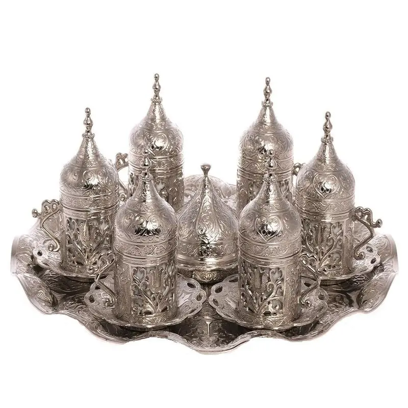 Acar | Turkish Coffee Set of Six  With Metal Tray And Candy Bowl  - Tulip - Black - Gold