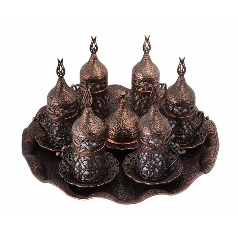 Acar | Turkish Coffee Set of Six  With Metal Tray And Candy Bowl - Operwork - Antique Copper