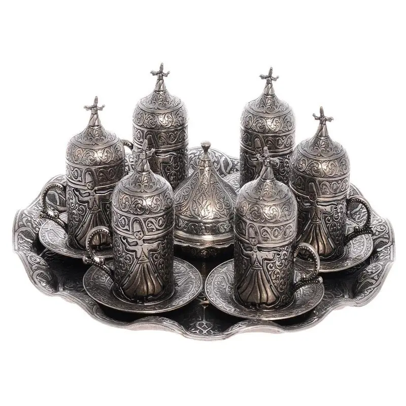 Acar | Turkish Coffee Set of Six  With Metal Tray And Candy Bowl - Whirling Dervish Design - Tinned